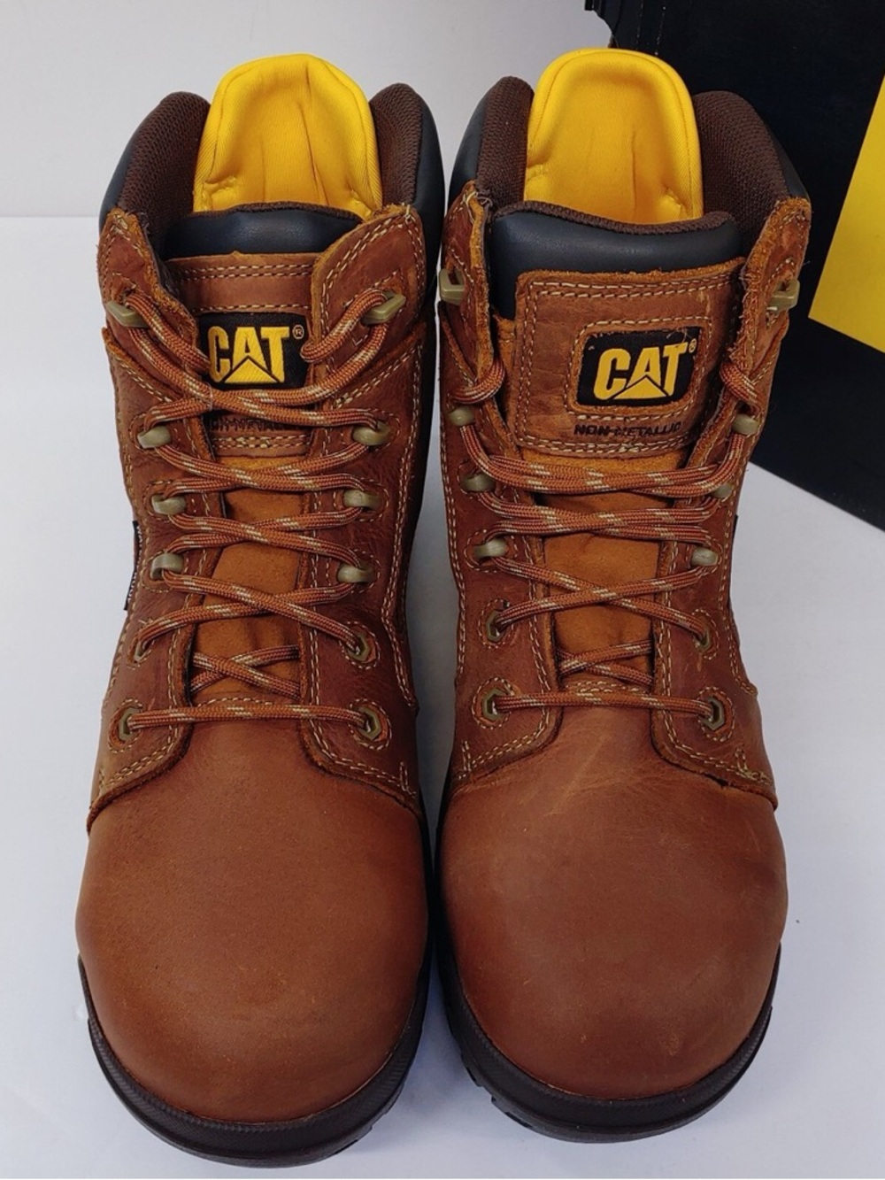 Caterpillar Brown Work Boots with Yellow Collar